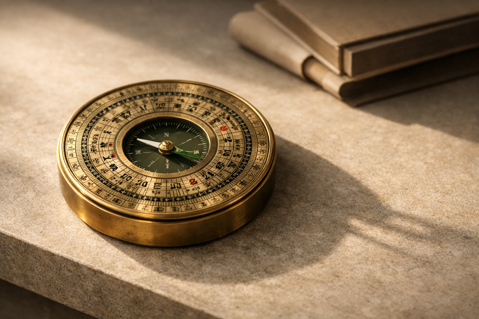 Месингов компас върху каменна маса, осветен от топла светлина, използван като визуален акцент към статия за посоките на пътуване през 2026 г.