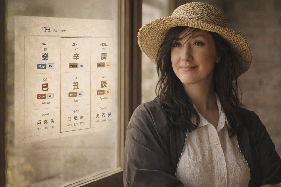 Жена с карта Ба Дзи – Четирите стълба на съдбата, символ на личен потенциал и осъзнато движение през жизнените цикли