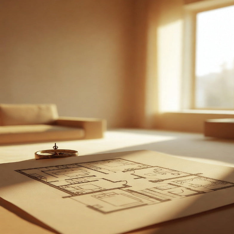 Sunlit workspace with a floor plan and directional compass representing an Annual Feng Shui Audit.