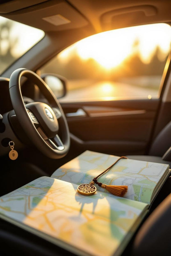 Карта и златист амулет върху пътническа маса – избор на посока и време за пътуване според Flowcraft