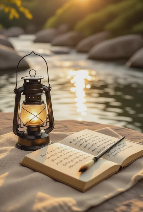 Маслена лампа и писмо край вода – символ на вътрешна светлина и мъдрост във Flowcraft