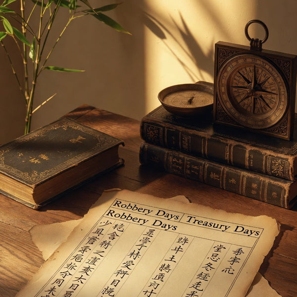 Sunlit wooden desk with a Robbery Days / Treasury Days Ba Zi chart, traditional Chinese luopan compass and antique books.